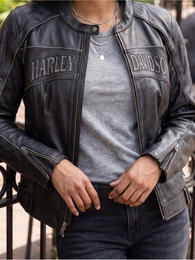 Harley-Davidson Black Leather Bomber Jacket with Chest Logos